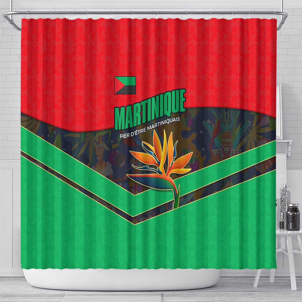 Martinique Pride Shower Curtain with Red Green Design and Tropical Bird of Paradise Flower