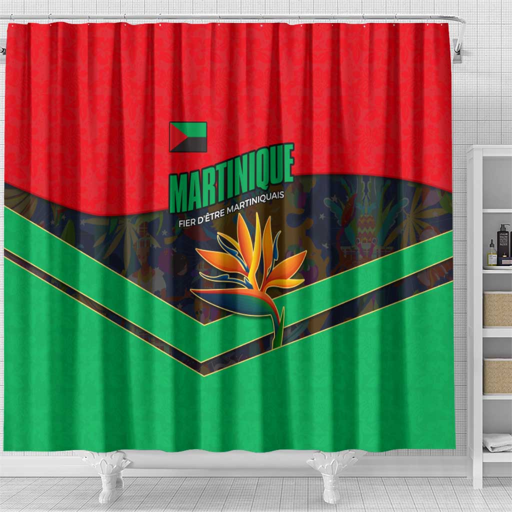 Martinique Pride Shower Curtain with Red Green Design and Tropical Bird of Paradise Flower