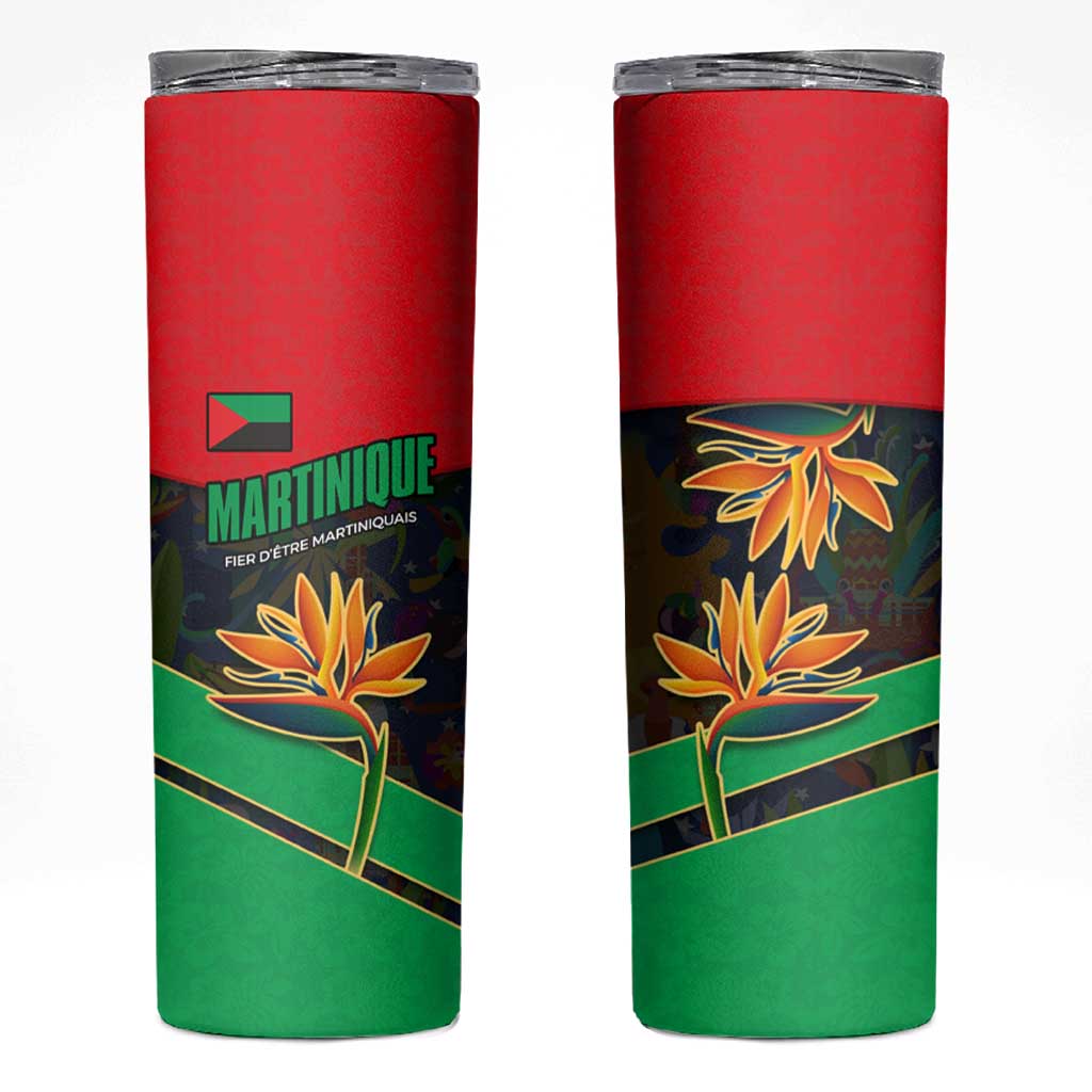 Martinique Pride Skinny Tumbler with Red Green Design and Tropical Bird of Paradise Flower