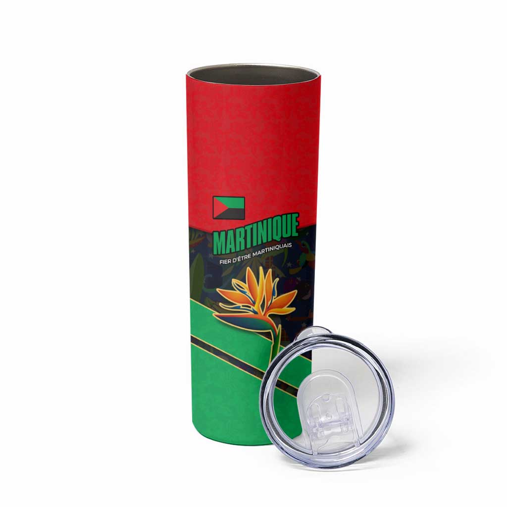 Martinique Pride Skinny Tumbler with Red Green Design and Tropical Bird of Paradise Flower