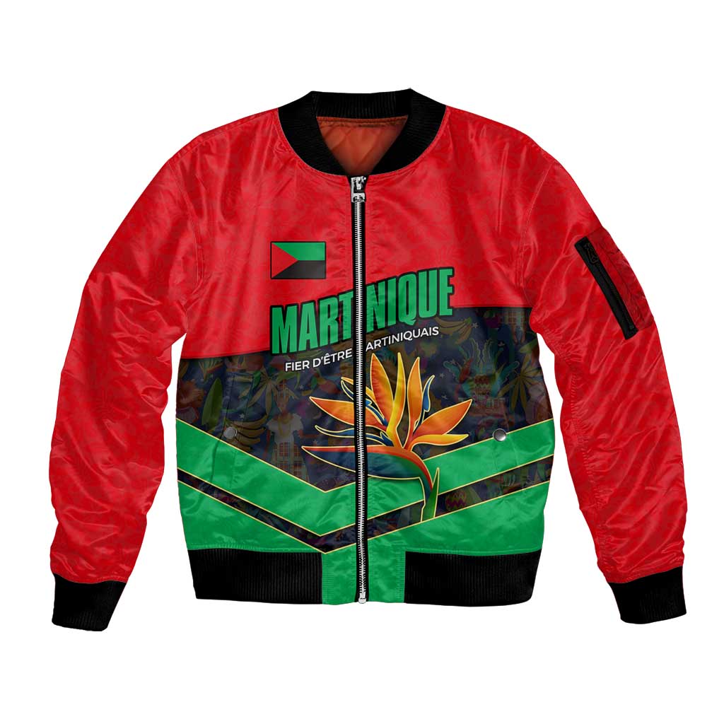 Martinique Pride Sleeve Zip Bomber Jacket with Red Green Design and Tropical Bird of Paradise Flower