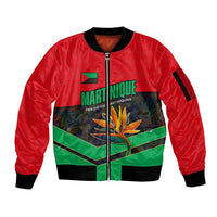 Martinique Pride Sleeve Zip Bomber Jacket with Red Green Design and Tropical Bird of Paradise Flower