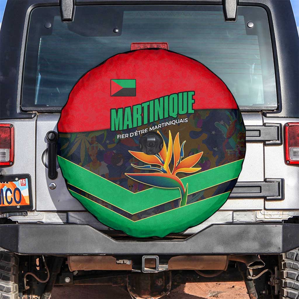 Martinique Pride Spare Tire Cover with Red Green Design and Tropical Bird of Paradise Flower