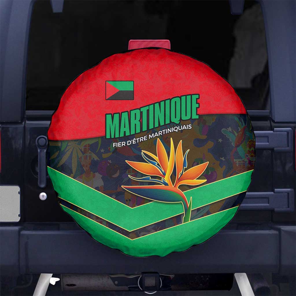 Martinique Pride Spare Tire Cover with Red Green Design and Tropical Bird of Paradise Flower
