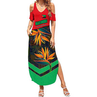 Martinique Pride Summer Maxi Dress with Red Green Design and Tropical Bird of Paradise Flower