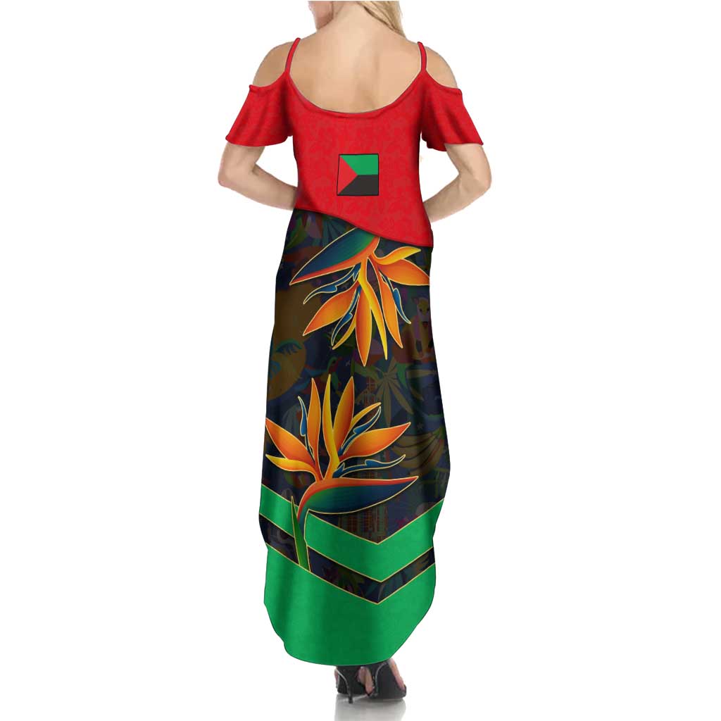Martinique Pride Summer Maxi Dress with Red Green Design and Tropical Bird of Paradise Flower