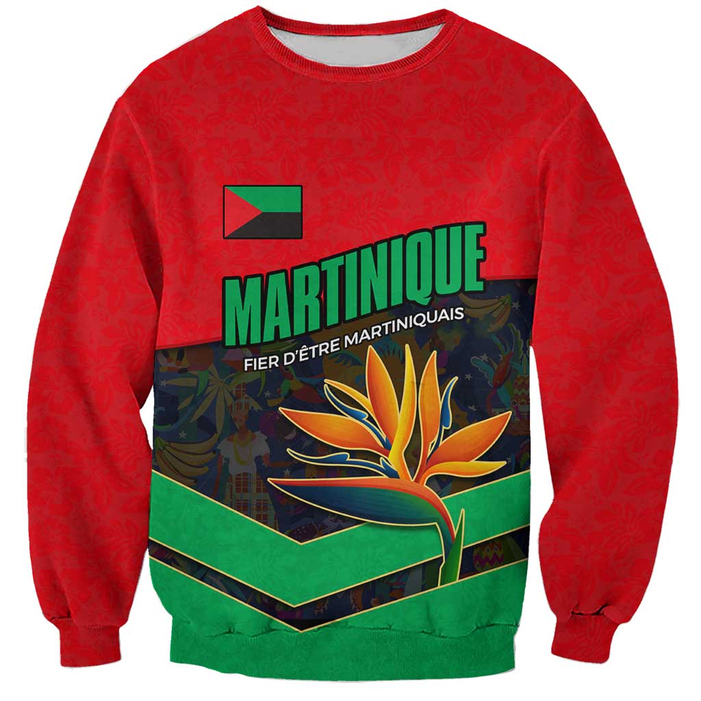 Martinique Pride Sweatshirt with Red Green Design and Tropical Bird of Paradise Flower
