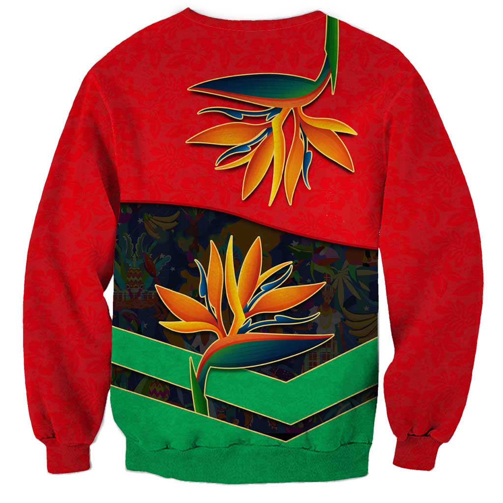 Martinique Pride Sweatshirt with Red Green Design and Tropical Bird of Paradise Flower