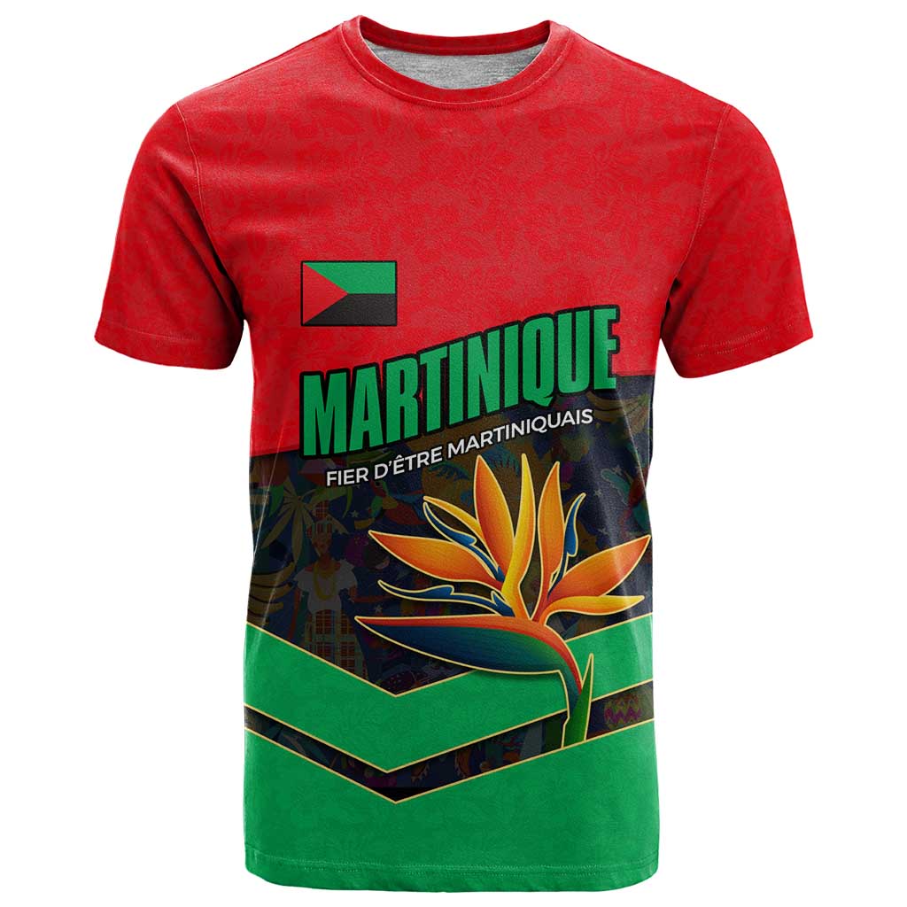 Martinique Pride T Shirt with Red Green Design and Tropical Bird of Paradise Flower