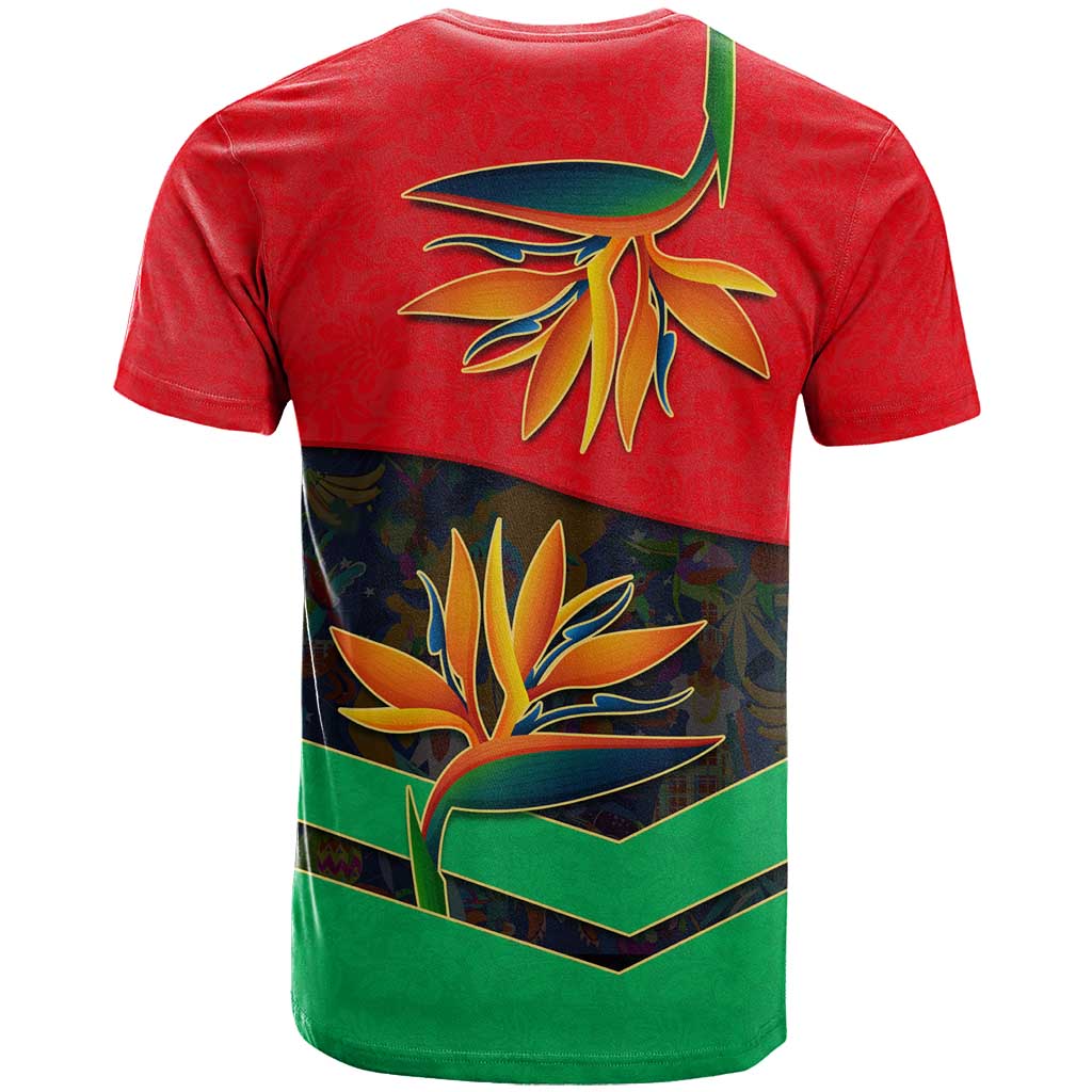 Martinique Pride T Shirt with Red Green Design and Tropical Bird of Paradise Flower