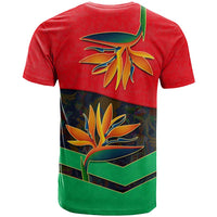 Martinique Pride T Shirt with Red Green Design and Tropical Bird of Paradise Flower