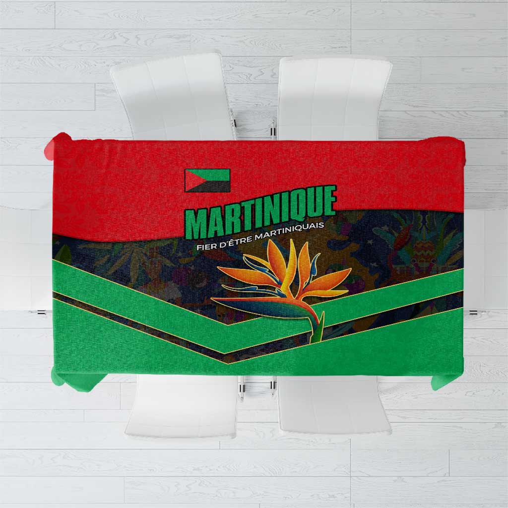 Martinique Pride Tablecloth with Red Green Design and Tropical Bird of Paradise Flower