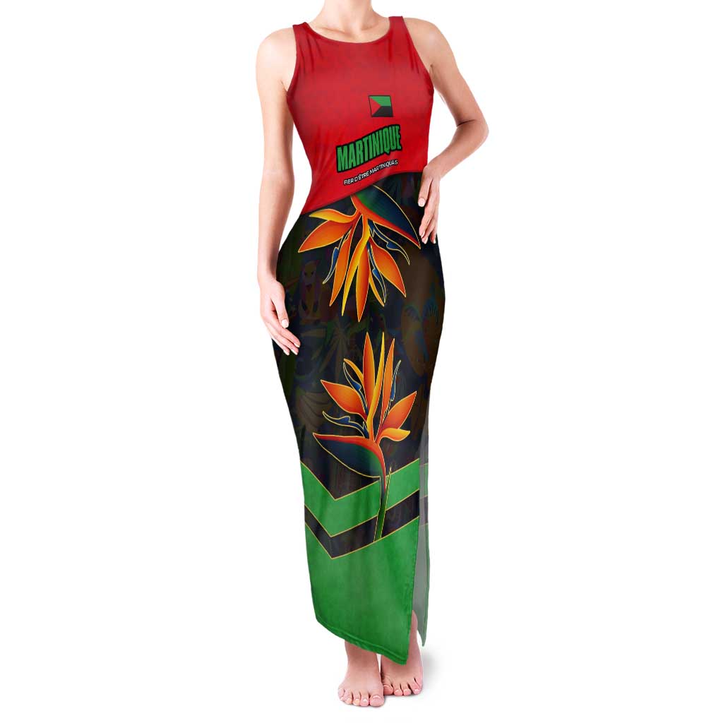 Martinique Pride Tank Maxi Dress with Red Green Design and Tropical Bird of Paradise Flower