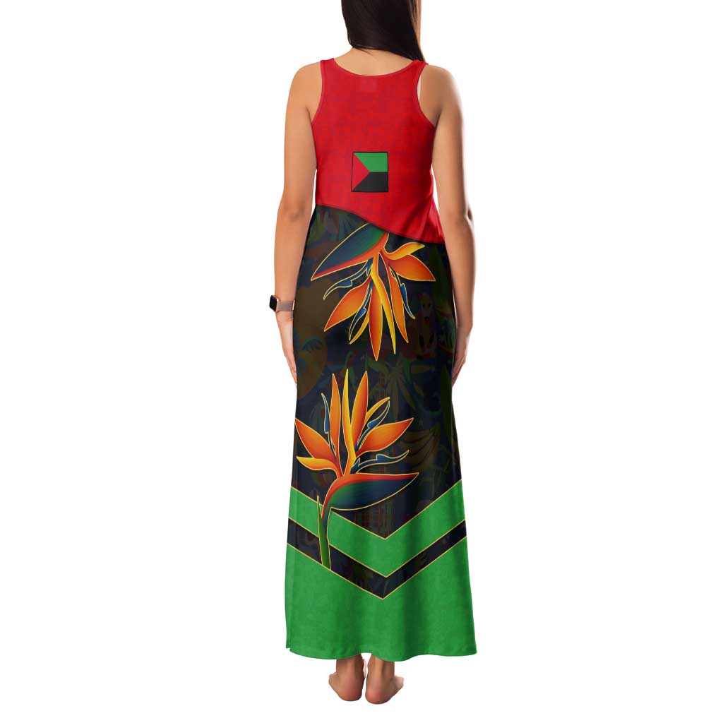 Martinique Pride Tank Maxi Dress with Red Green Design and Tropical Bird of Paradise Flower