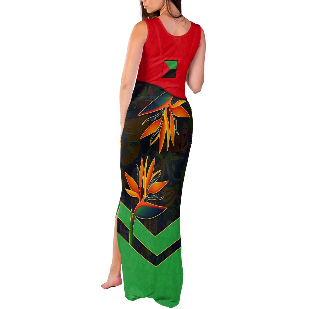 Martinique Pride Tank Maxi Dress with Red Green Design and Tropical Bird of Paradise Flower