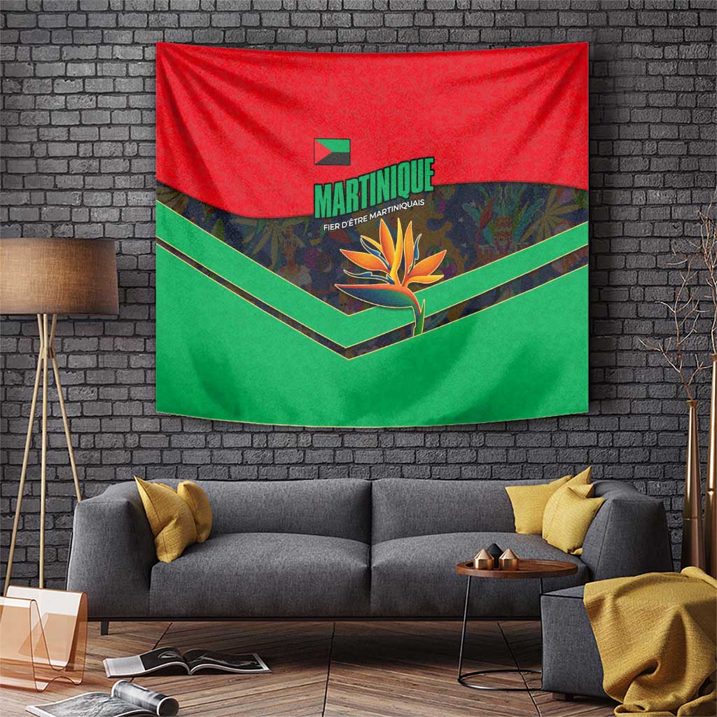 Martinique Pride Tapestry with Red Green Design and Tropical Bird of Paradise Flower
