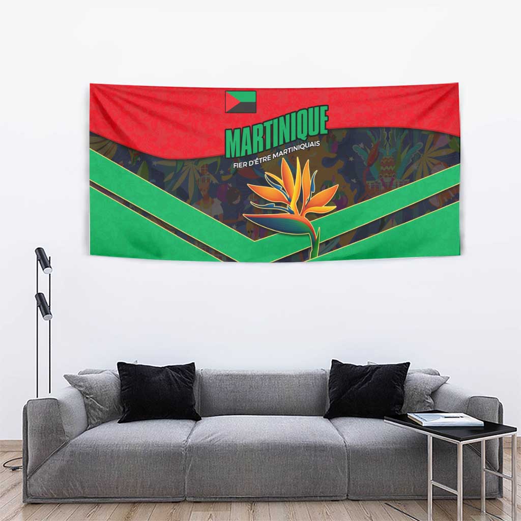 Martinique Pride Tapestry with Red Green Design and Tropical Bird of Paradise Flower