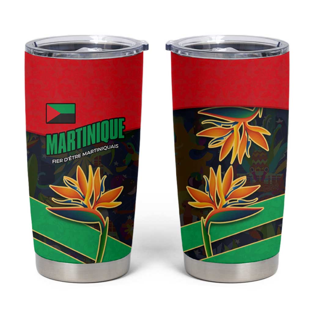 Martinique Pride Tumbler Cup with Red Green Design and Tropical Bird of Paradise Flower