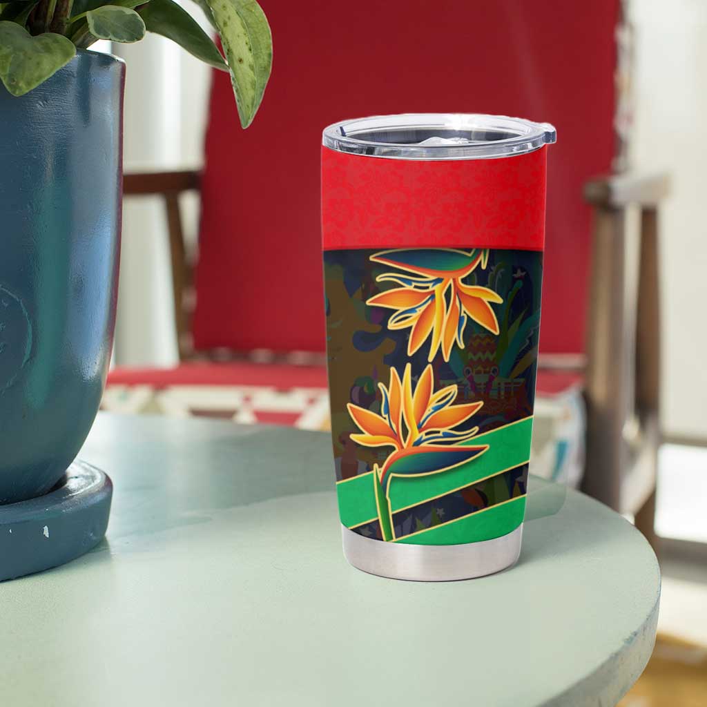 Martinique Pride Tumbler Cup with Red Green Design and Tropical Bird of Paradise Flower