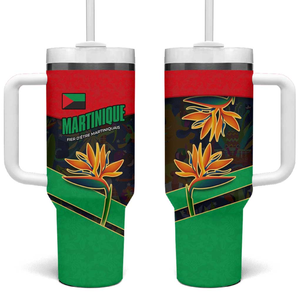 Martinique Pride Tumbler With Handle with Red Green Design and Tropical Bird of Paradise Flower