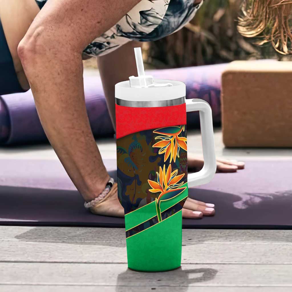 Martinique Pride Tumbler With Handle with Red Green Design and Tropical Bird of Paradise Flower