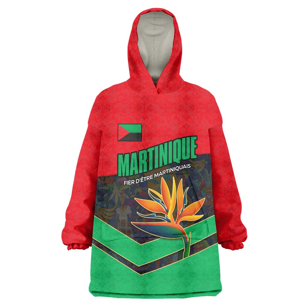 Martinique Pride Wearable Blanket Hoodie with Red Green Design and Tropical Bird of Paradise Flower