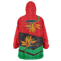 Martinique Pride Wearable Blanket Hoodie with Red Green Design and Tropical Bird of Paradise Flower