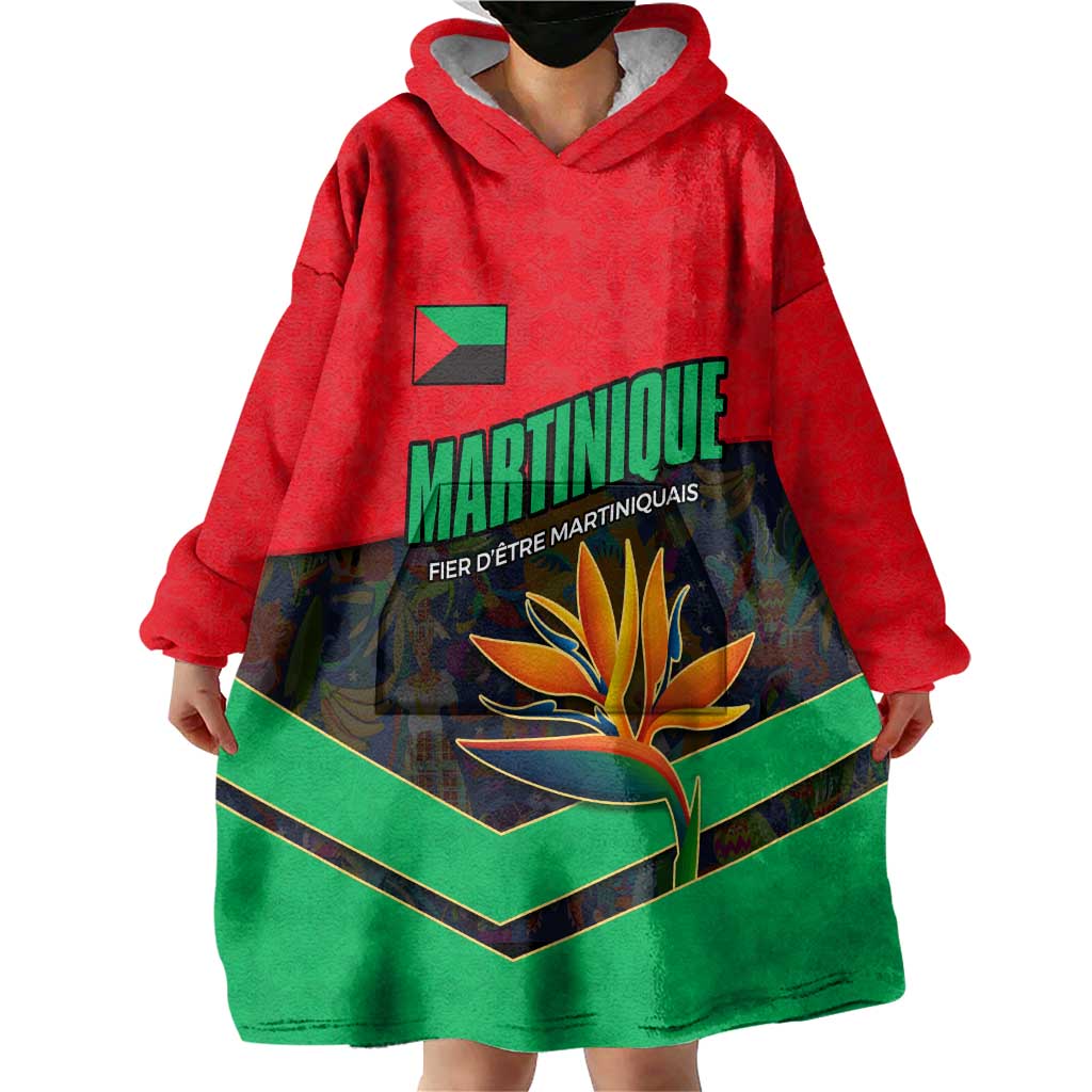 Martinique Pride Wearable Blanket Hoodie with Red Green Design and Tropical Bird of Paradise Flower