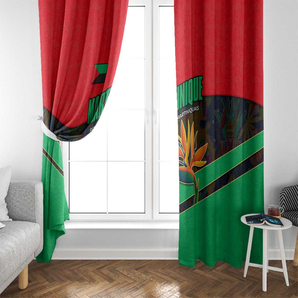 Martinique Pride Window Curtain with Red Green Design and Tropical Bird of Paradise Flower