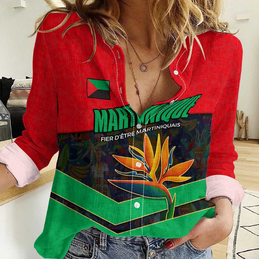 Martinique Pride Women Casual Shirt with Red Green Design and Tropical Bird of Paradise Flower