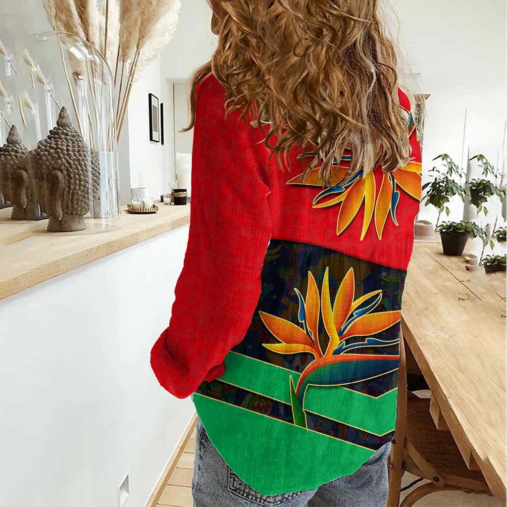 Martinique Pride Women Casual Shirt with Red Green Design and Tropical Bird of Paradise Flower