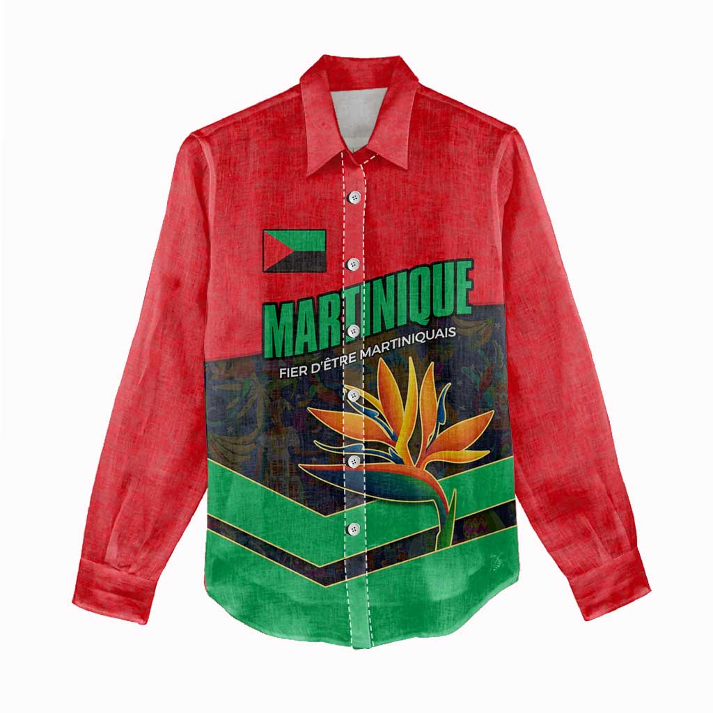 Martinique Pride Women Casual Shirt with Red Green Design and Tropical Bird of Paradise Flower