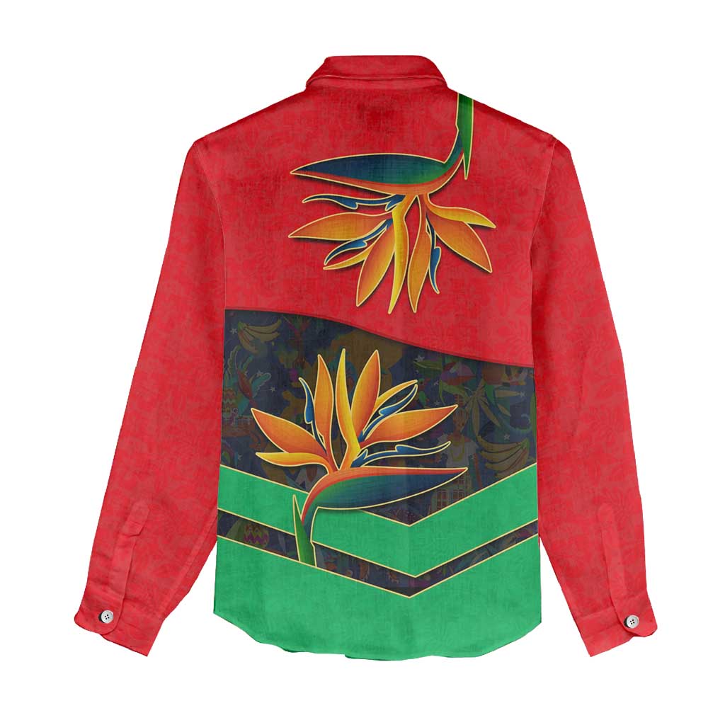 Martinique Pride Women Casual Shirt with Red Green Design and Tropical Bird of Paradise Flower