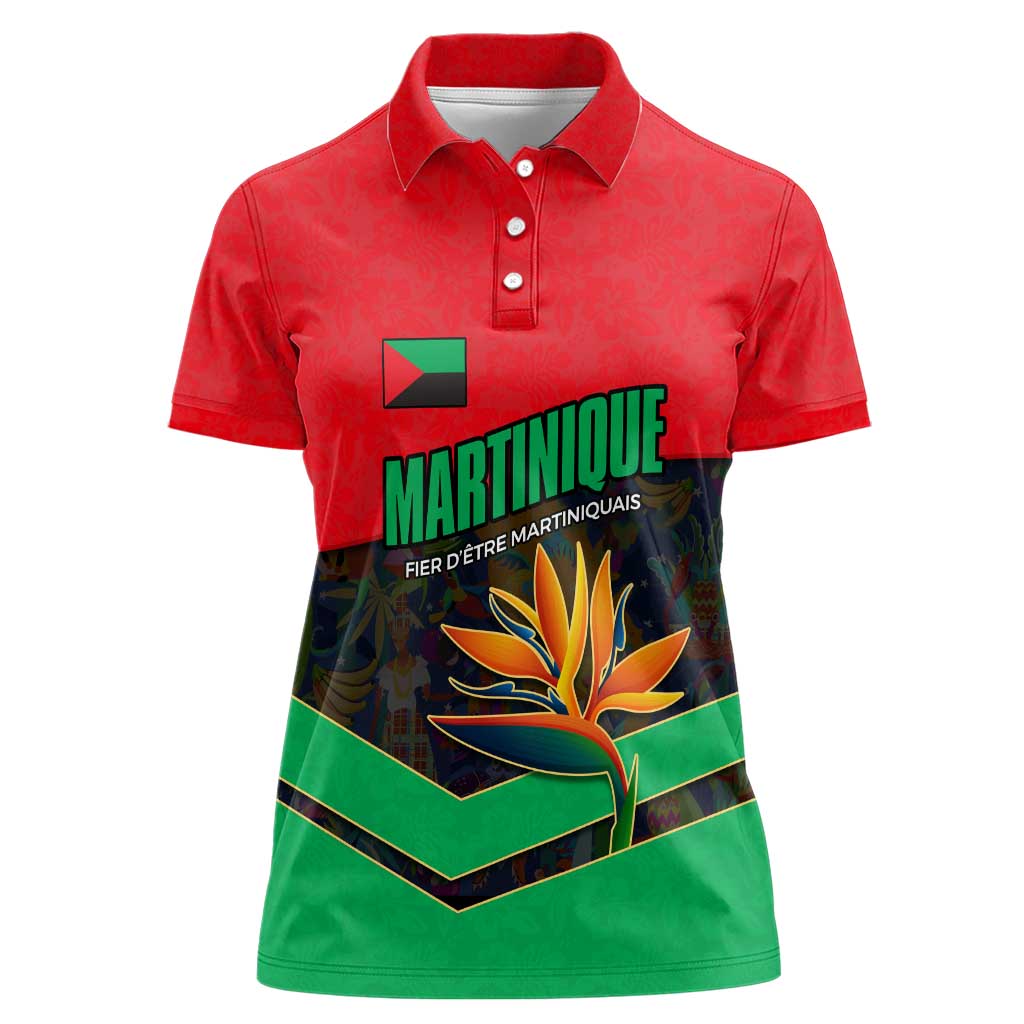 Martinique Pride Women Polo Shirt with Red Green Design and Tropical Bird of Paradise Flower