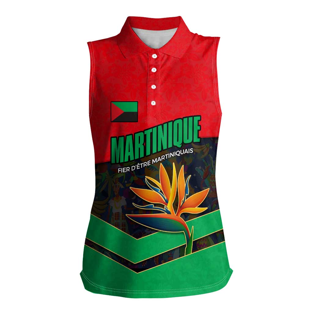 Martinique Pride Women Sleeveless Polo Shirt with Red Green Design and Tropical Bird of Paradise Flower