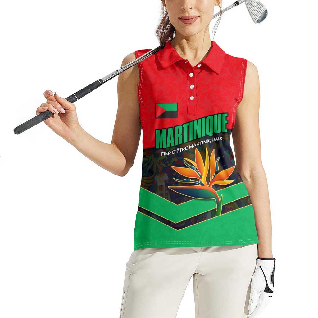 Martinique Pride Women Sleeveless Polo Shirt with Red Green Design and Tropical Bird of Paradise Flower