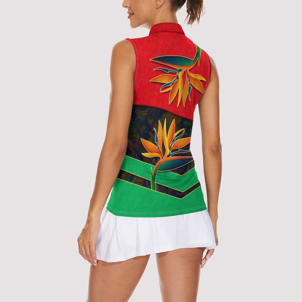 Martinique Pride Women Sleeveless Polo Shirt with Red Green Design and Tropical Bird of Paradise Flower
