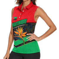 Martinique Pride Women Sleeveless Polo Shirt with Red Green Design and Tropical Bird of Paradise Flower
