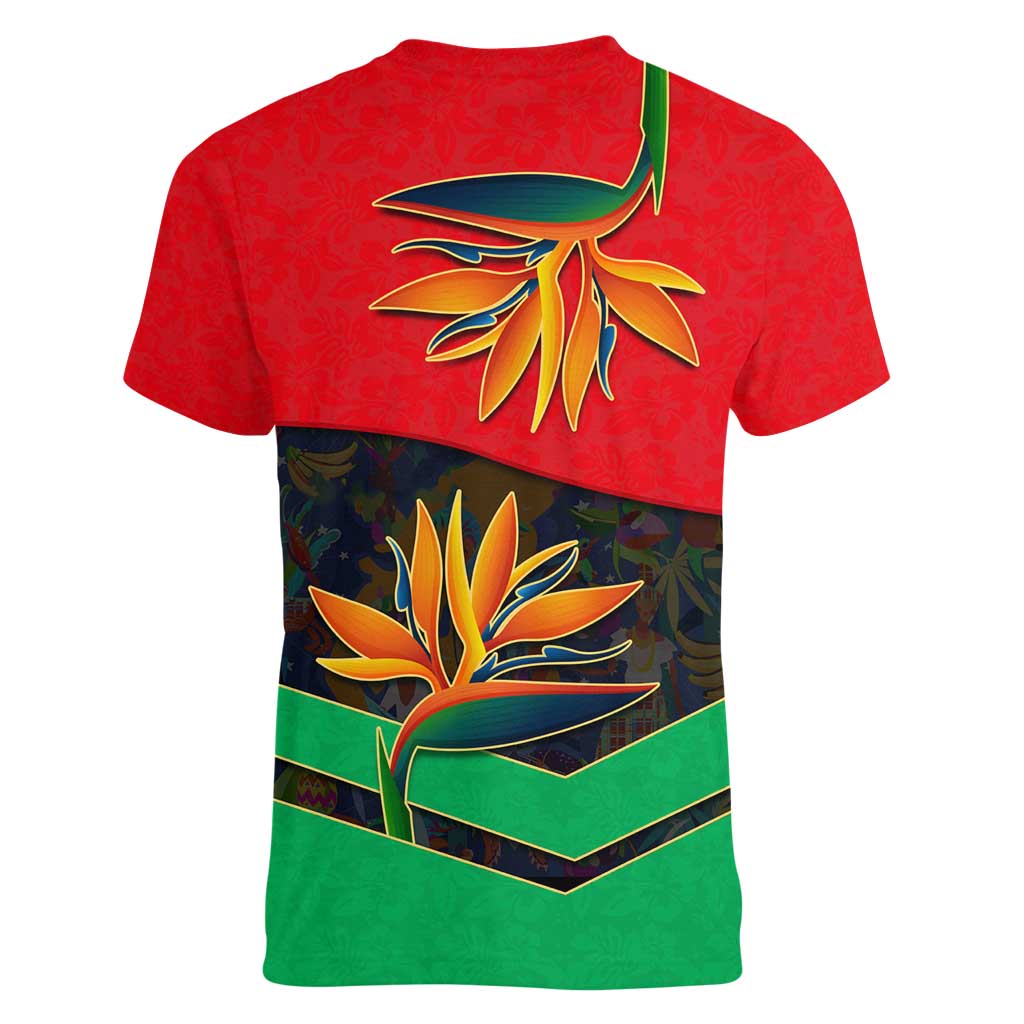Martinique Pride Women V-Neck T-Shirt with Red Green Design and Tropical Bird of Paradise Flower