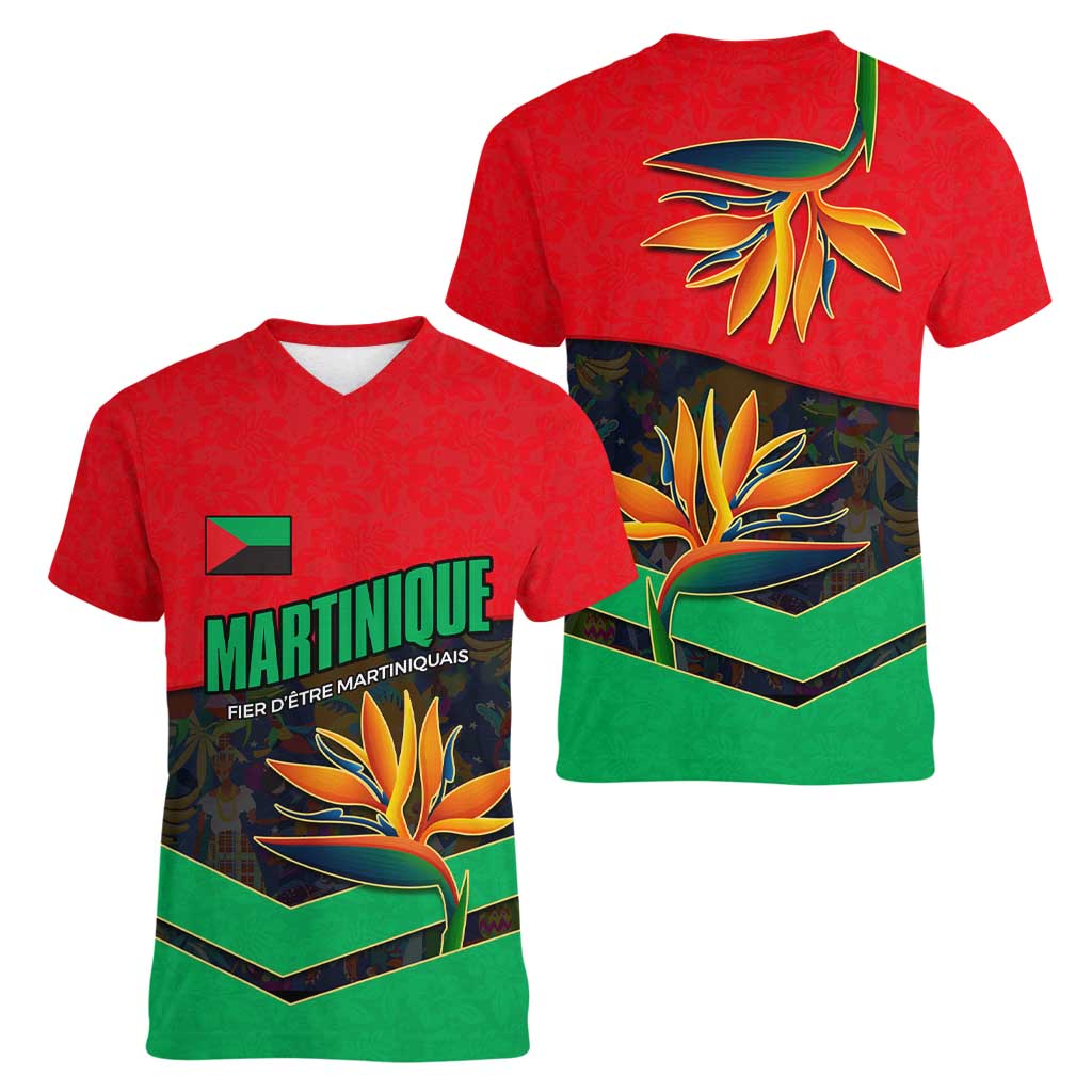 Martinique Pride Women V-Neck T-Shirt with Red Green Design and Tropical Bird of Paradise Flower