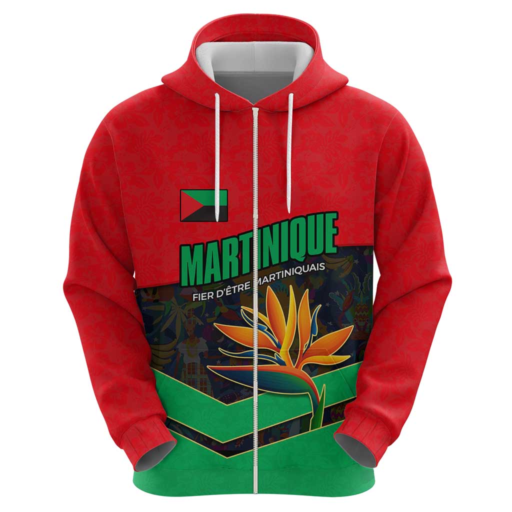 Martinique Pride Zip Hoodie with Red Green Design and Tropical Bird of Paradise Flower
