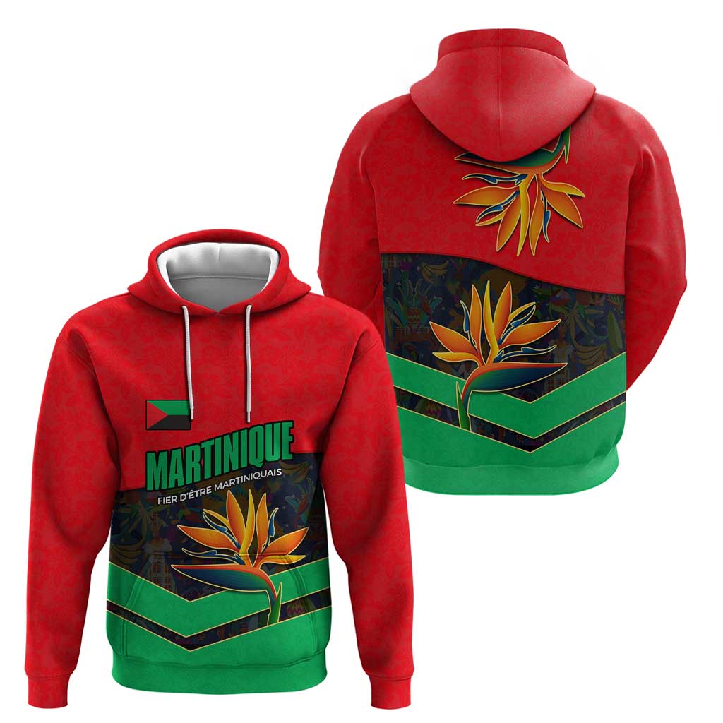 Martinique Pride Zip Hoodie with Red Green Design and Tropical Bird of Paradise Flower