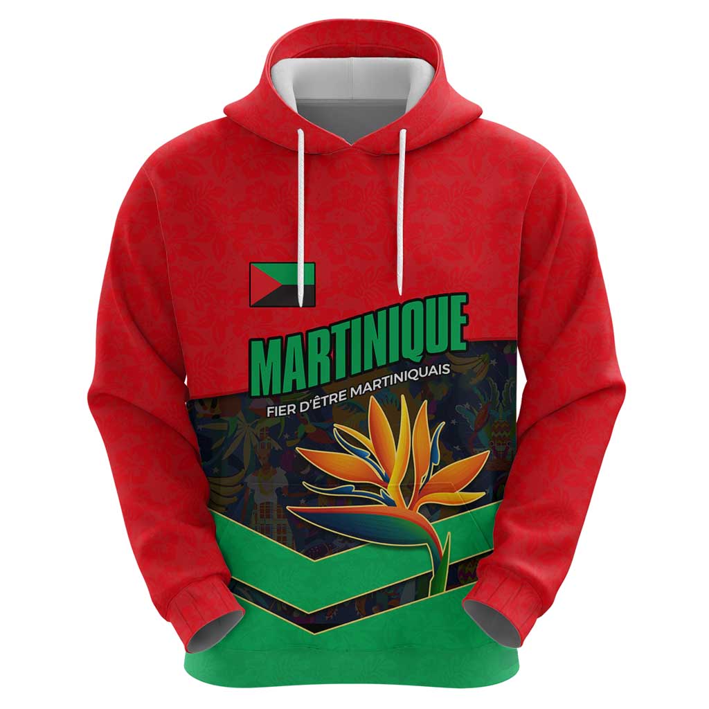 Martinique Pride Zip Hoodie with Red Green Design and Tropical Bird of Paradise Flower