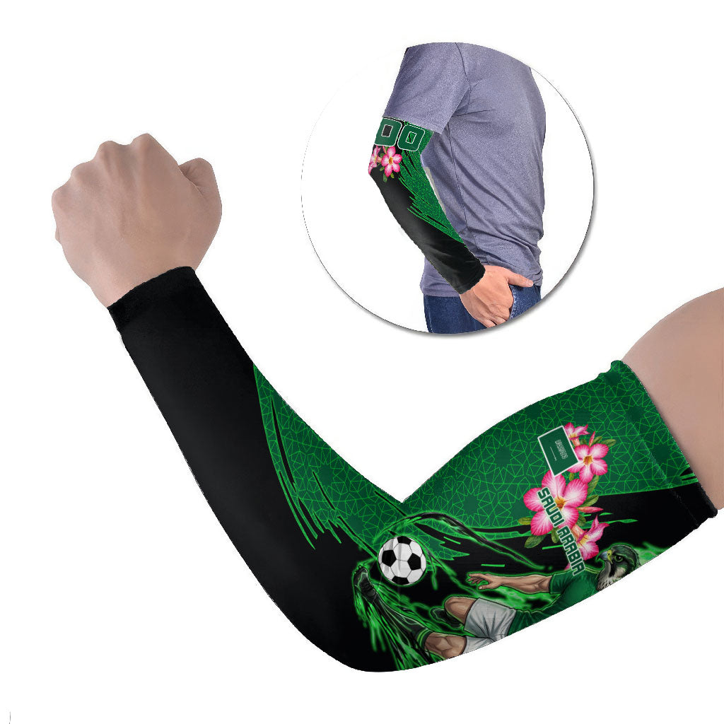 Personalized Saudi Arabia Football Arm Sleeves Falcon Mascot Green - Desert Rose Geometric