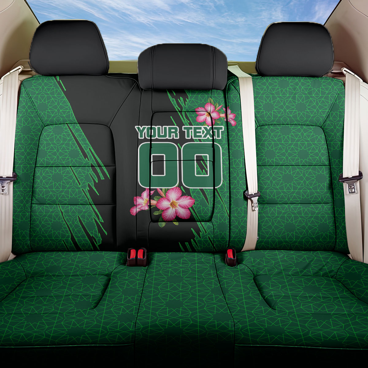 Personalized Saudi Arabia Football Back Car Seat Cover Falcon Mascot Green - Desert Rose Geometric