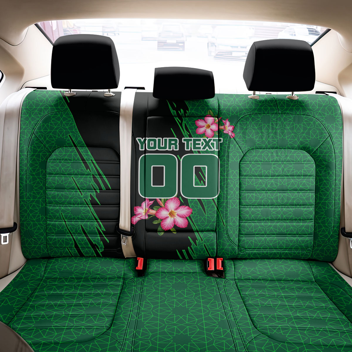 Personalized Saudi Arabia Football Back Car Seat Cover Falcon Mascot Green - Desert Rose Geometric