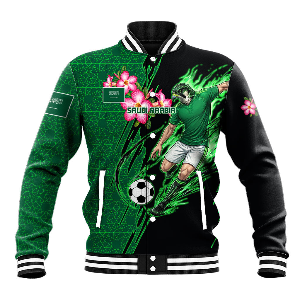 Personalized Saudi Arabia Football Baseball Jacket Falcon Mascot Green - Desert Rose Geometric