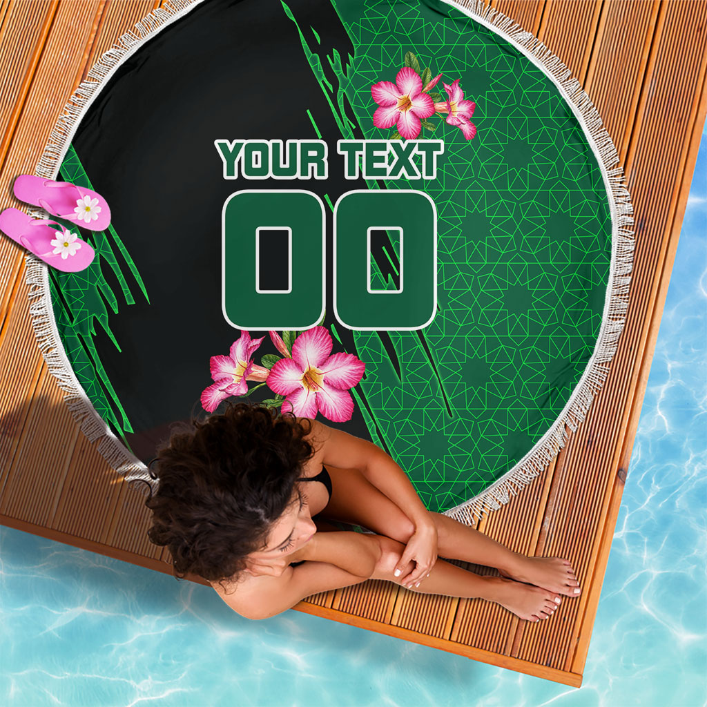 Personalized Saudi Arabia Football Beach Blanket Falcon Mascot Green - Desert Rose Geometric