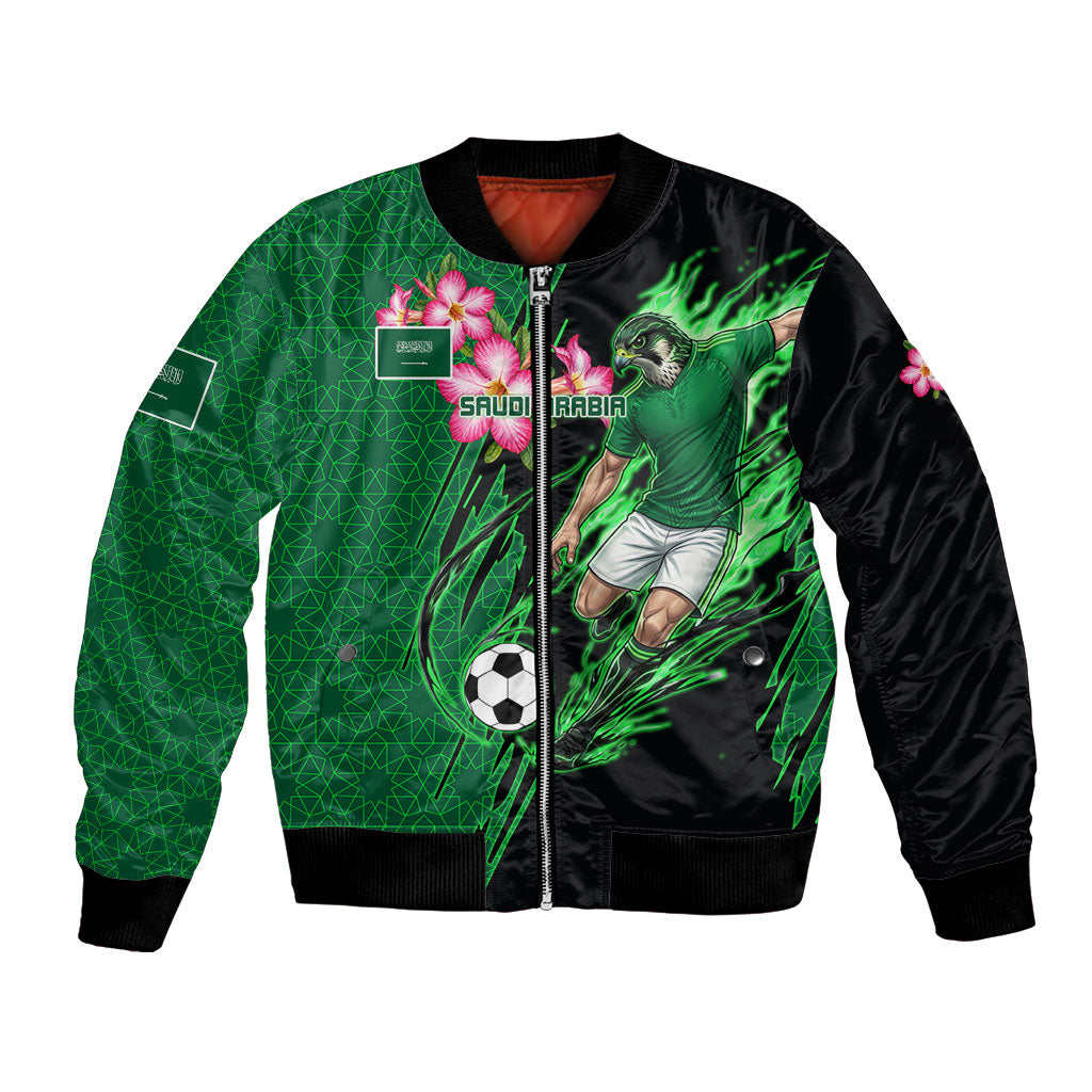 Personalized Saudi Arabia Football Bomber Jacket Falcon Mascot Green - Desert Rose Geometric