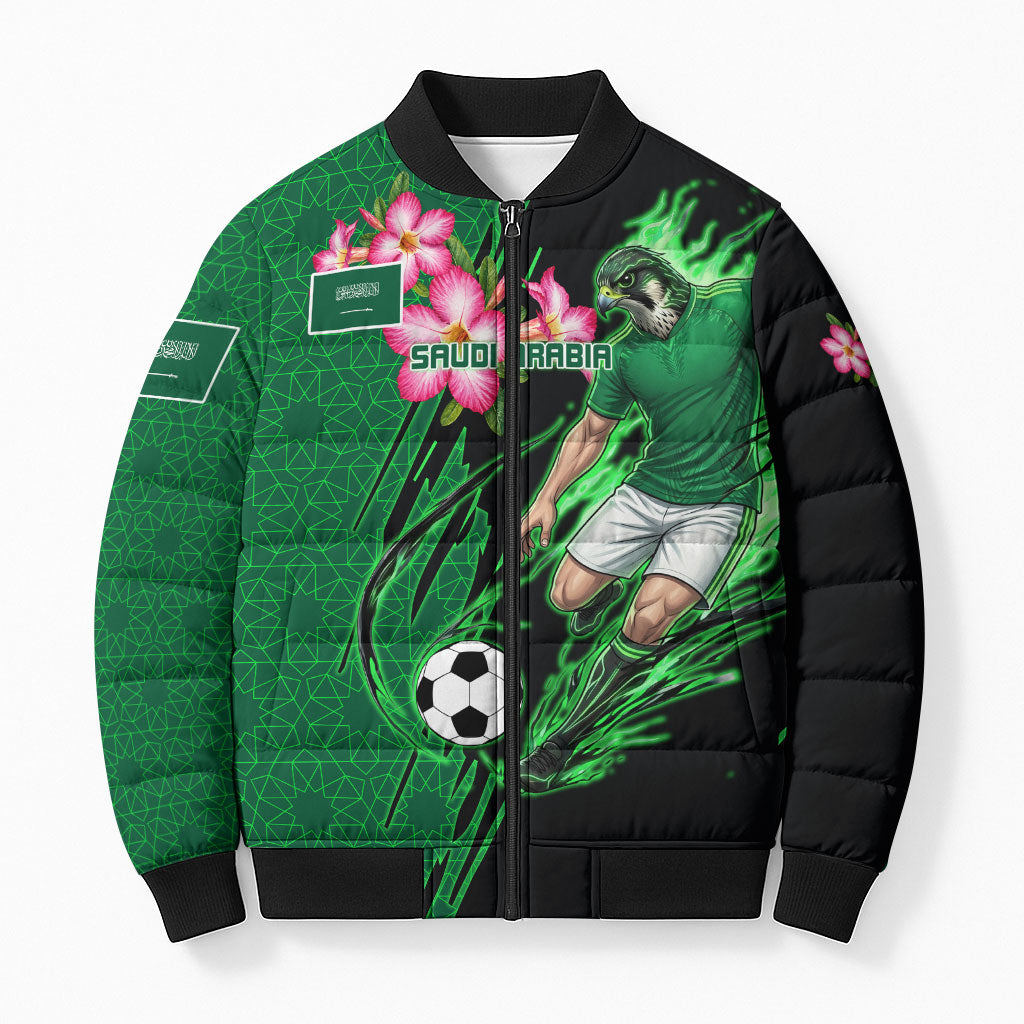 Personalized Saudi Arabia Football Bomber Puffer Jacket Falcon Mascot Green - Desert Rose Geometric